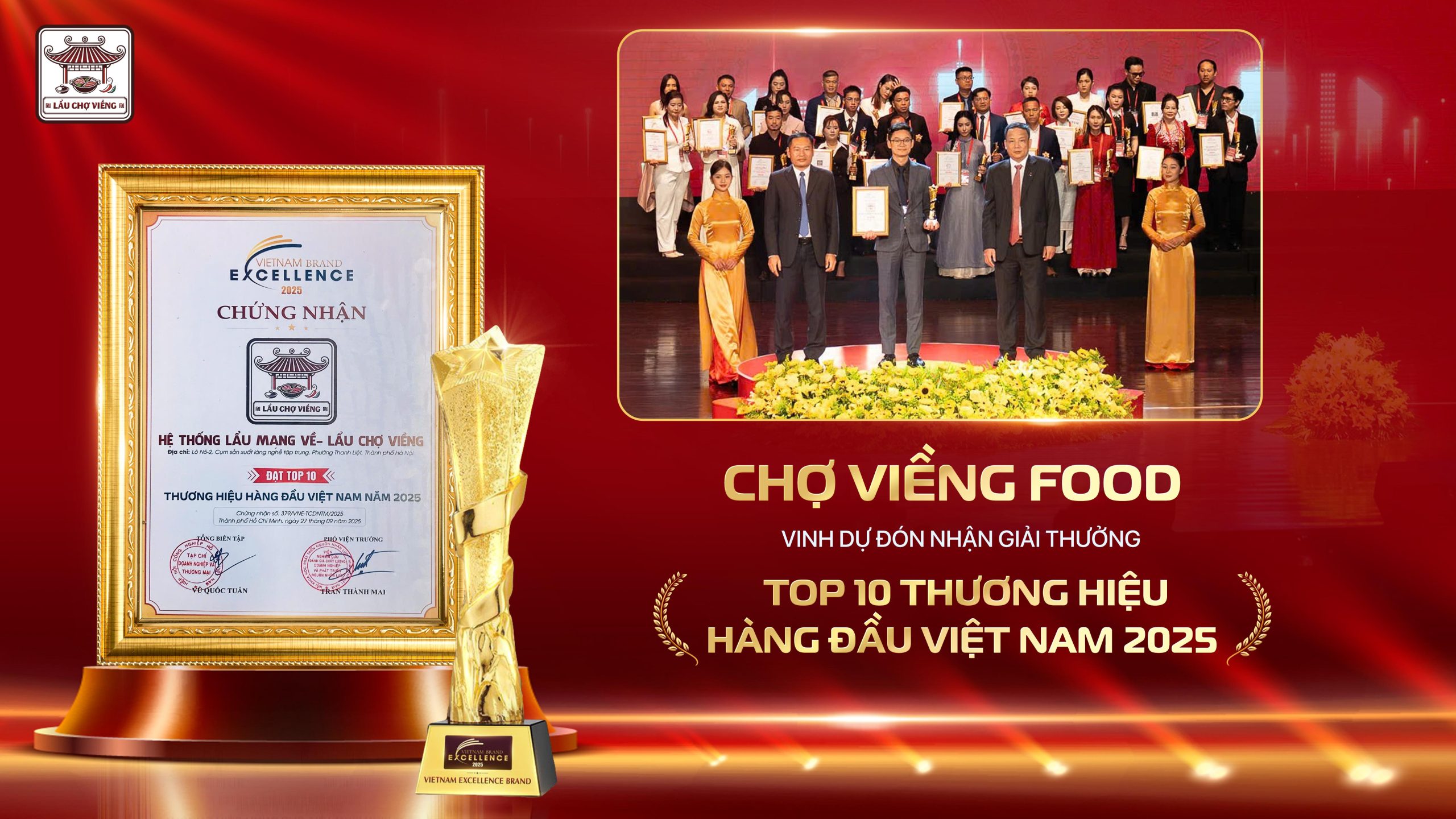Lẩu Chợ Viềng tự hào là Top 10 Thương hiệu hàng đầu Việt Nam 2025 - Ảnh: BTC
