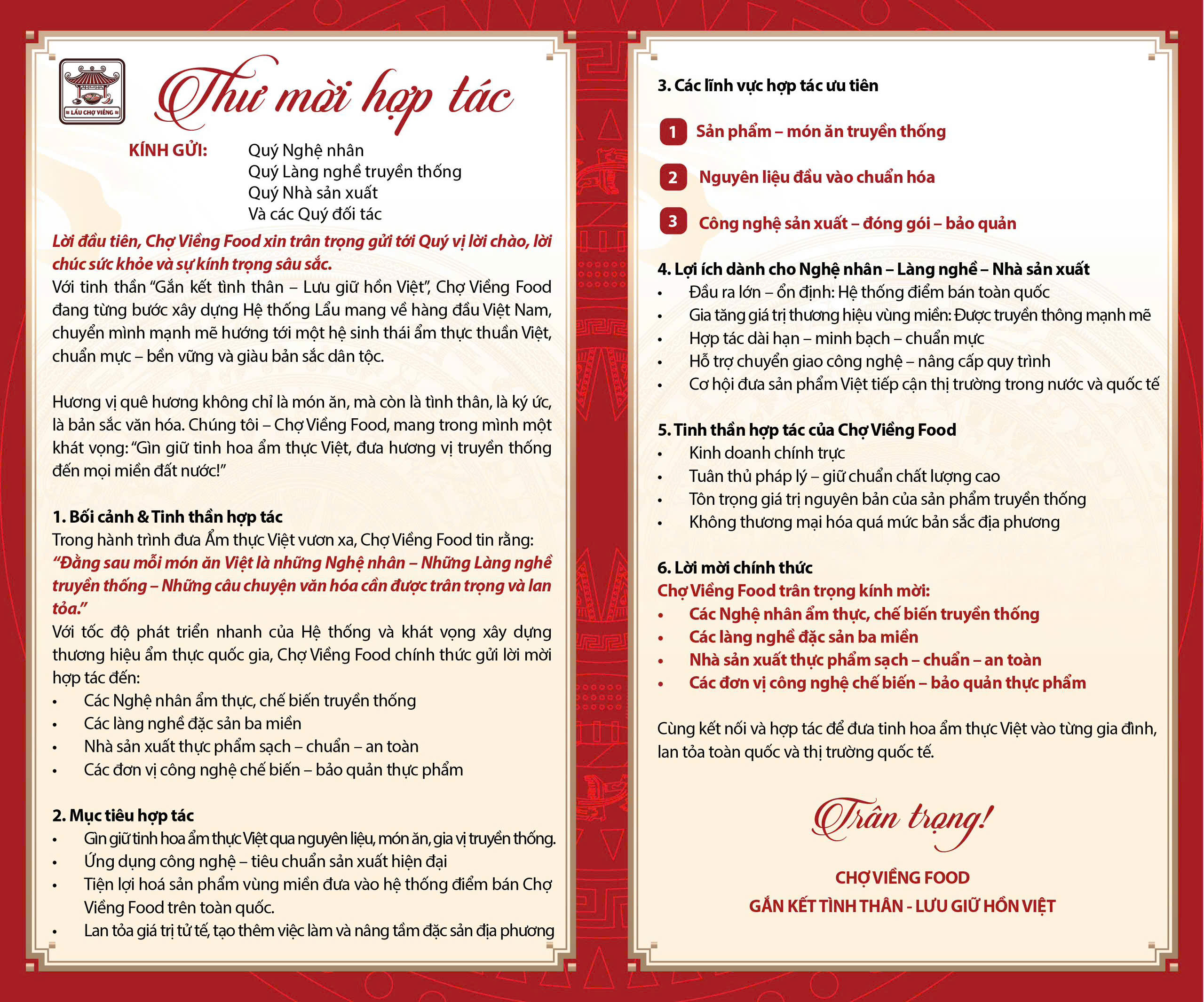 Thư mời hợp tác cùng Chợ Viềng Food để lan tỏa tinh hoa ẩm thực Việt, đưa sản phẩm Việt vươn tầm quốc gia và quốc tế